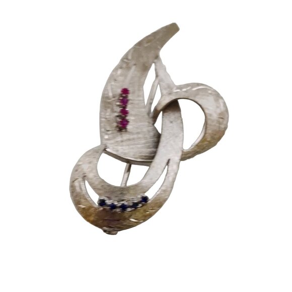 Vintage Beautiful 18kt/750 White Gold Ruby Sapphire Modernist Brooch (A1641) - Picture 2 of 6